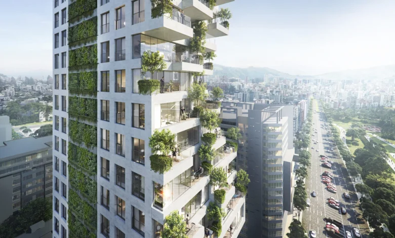a tall building with plants on the windows