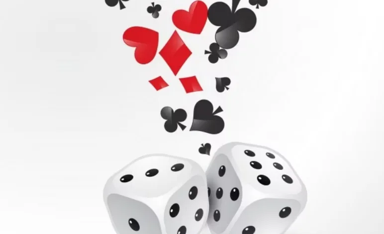dices with playing cards falling out of them